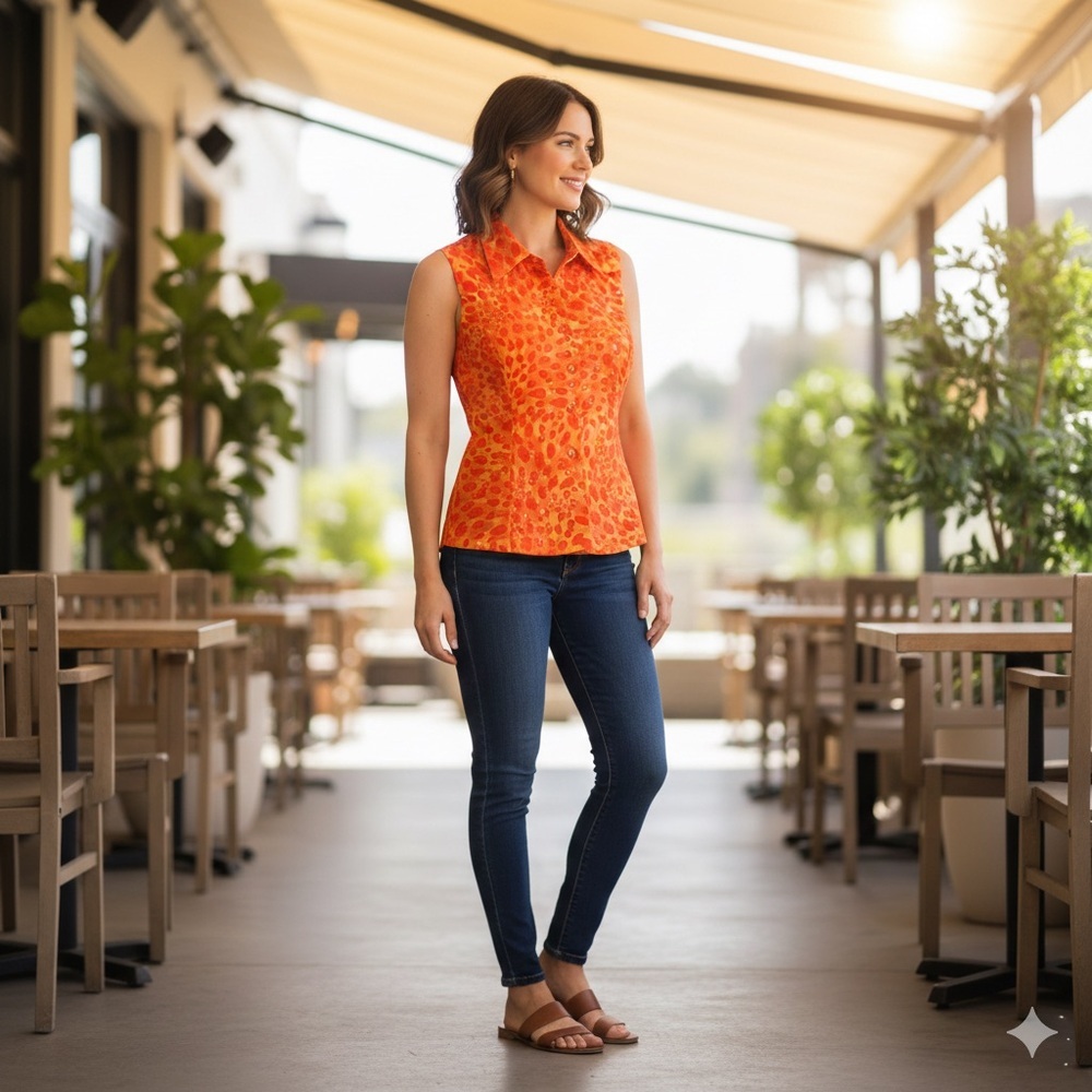 ICE Silk Sequin Sleeveless Blouse Orange Abstract Print Medium